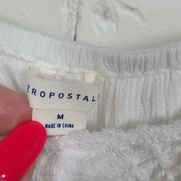 Aeropostale White Lace Flutter Sleeve Crepe Tank Tee Medium Knit Blouse Work - Picture 6 of 8